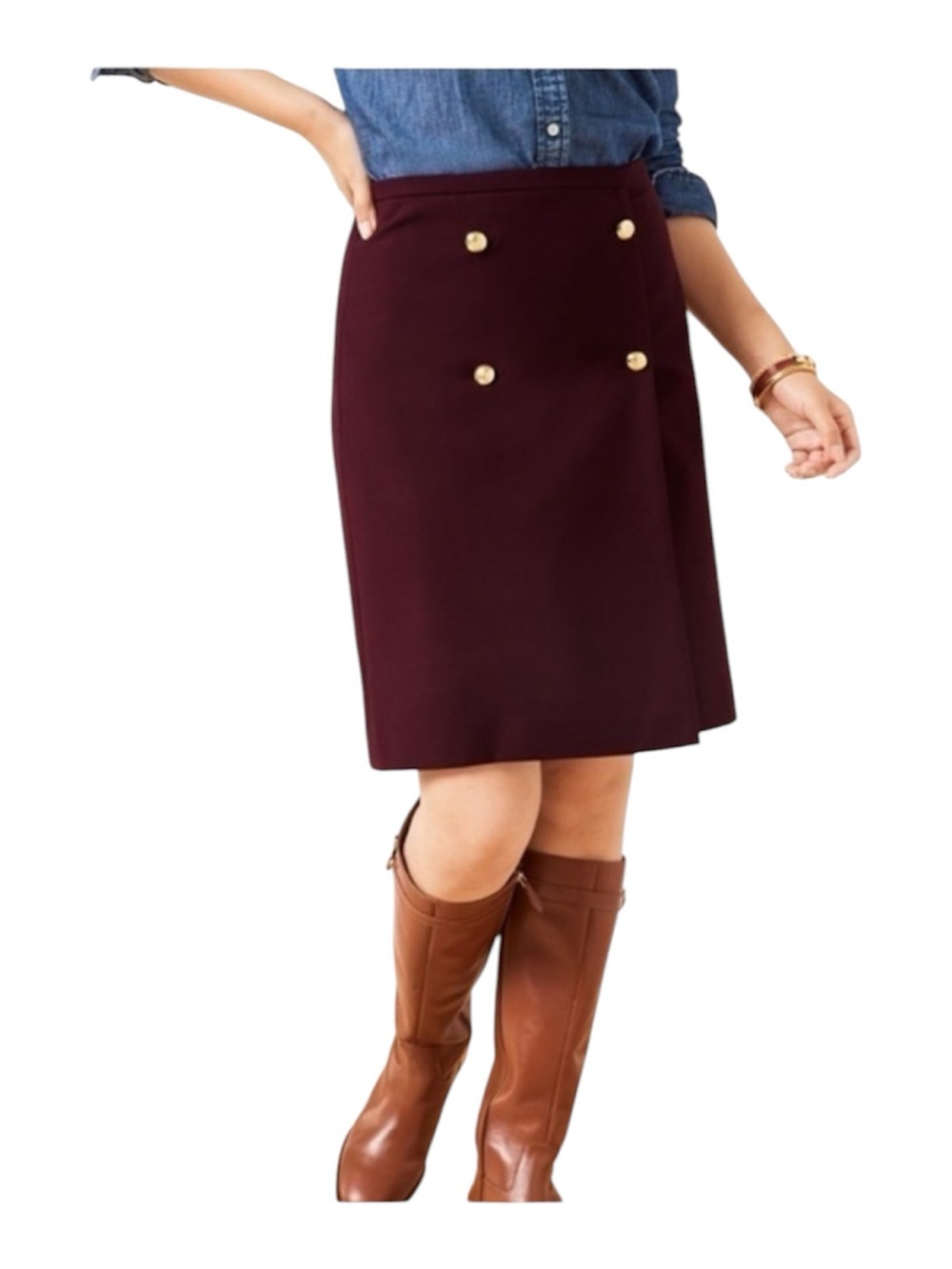 TALBOTS A-line Skirt Burgundy Maroon Button Front Sz 4 Cotton Blend